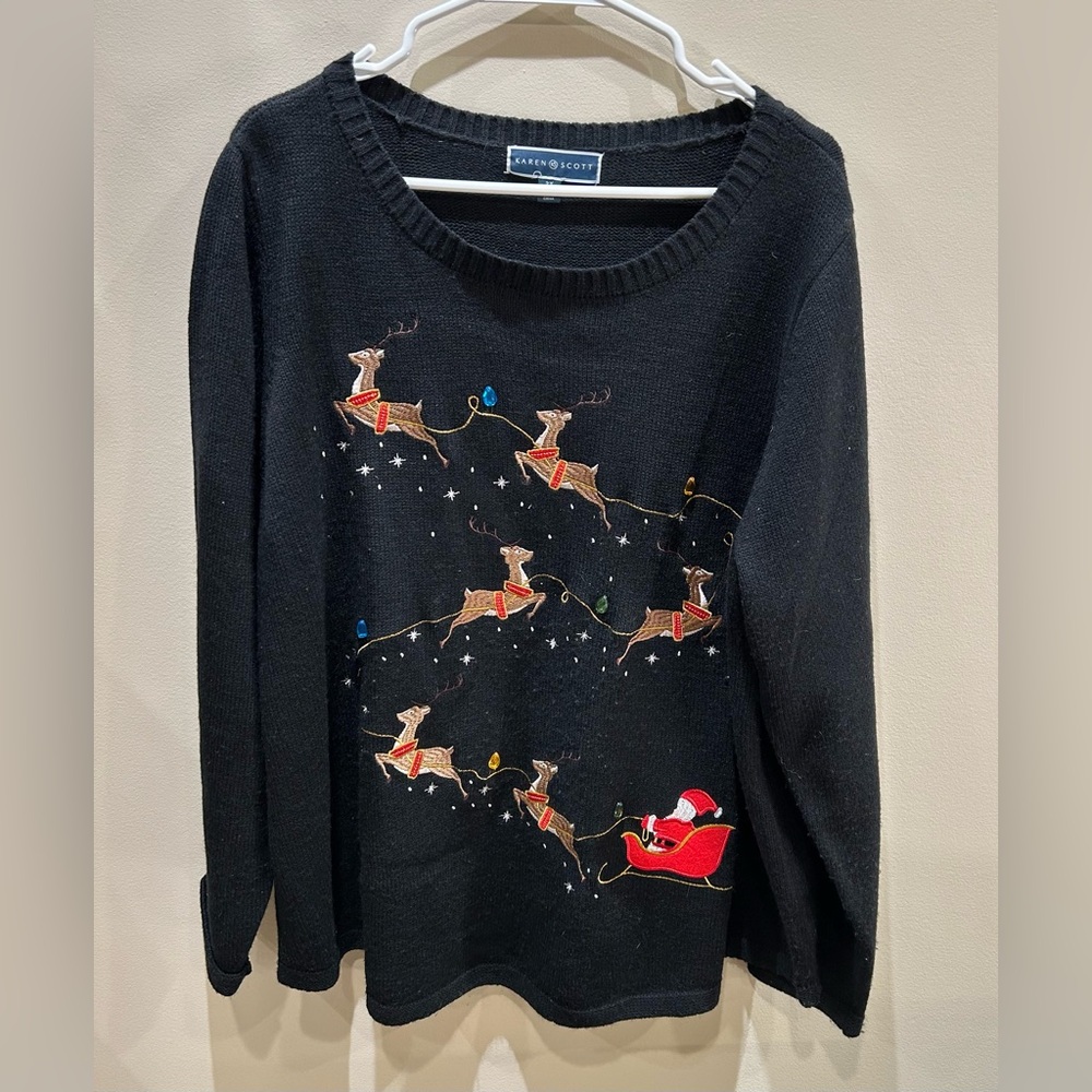 Karen Scott Whimsy Christmas Sweater Women’s Size 2XL Reindeer Black Sweater